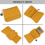 Portafoglio donna in pelle gialla, compatto e multifunzionale, con scomparti per carte, monete e finestra ID. Design elegante e pratico.