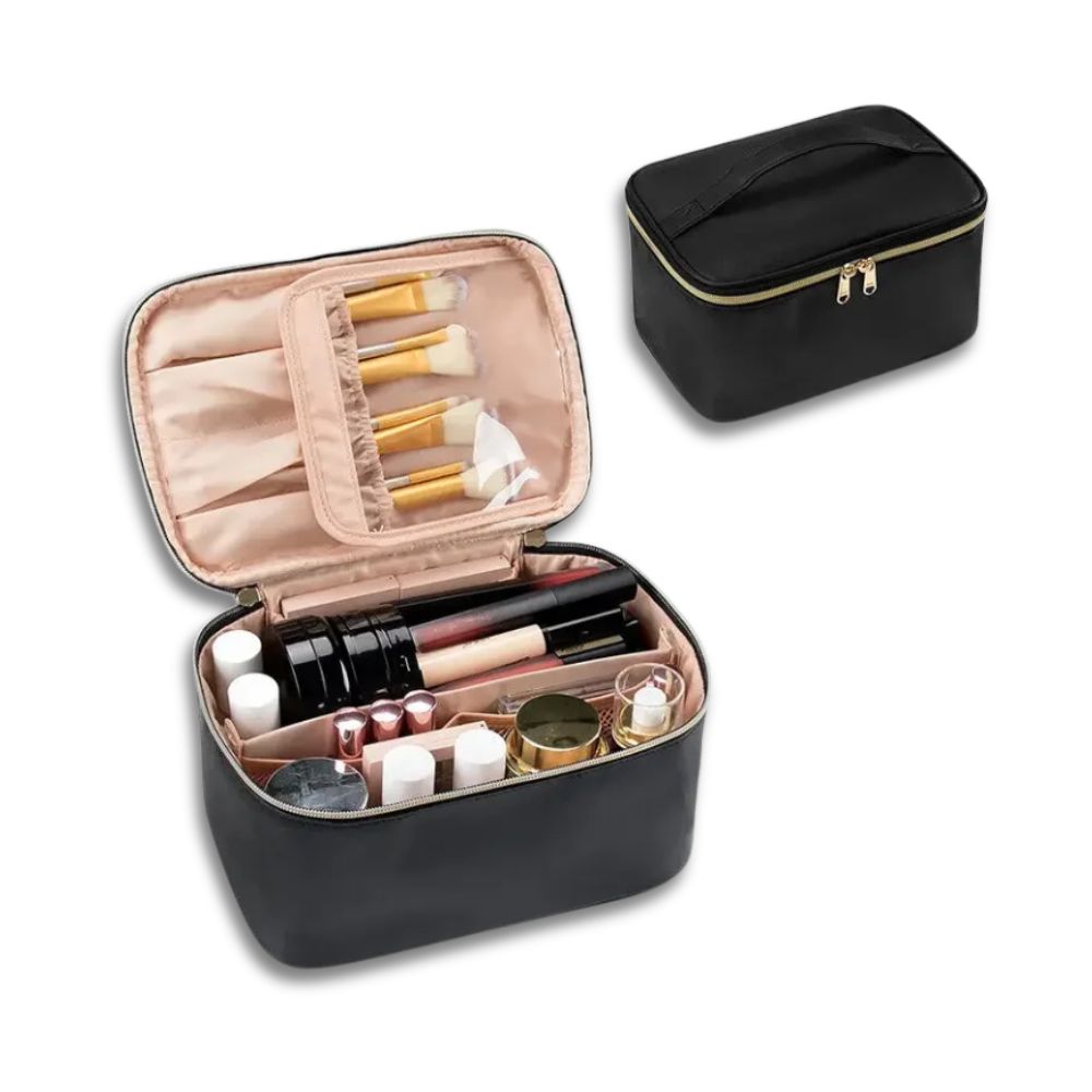 Astuccio nero per trucchi con cerniera, scomparti interni e tasche porta pennelli. Ideale per organizzare cosmetici e accessori di bellezza.