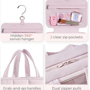 Borsa da viaggio rosa con gancio girevole a 360°, 2 tasche trasparenti con zip, manici e doppia cerniera. Ideale per cosmetici e accessori.