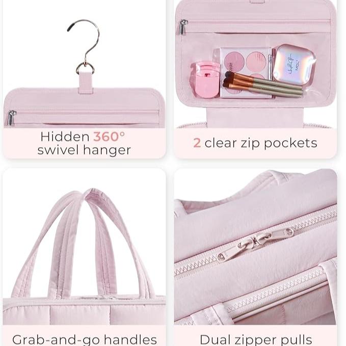 Borsa da viaggio rosa con gancio girevole a 360°, 2 tasche trasparenti con zip, manici e doppia cerniera. Ideale per cosmetici e accessori.
