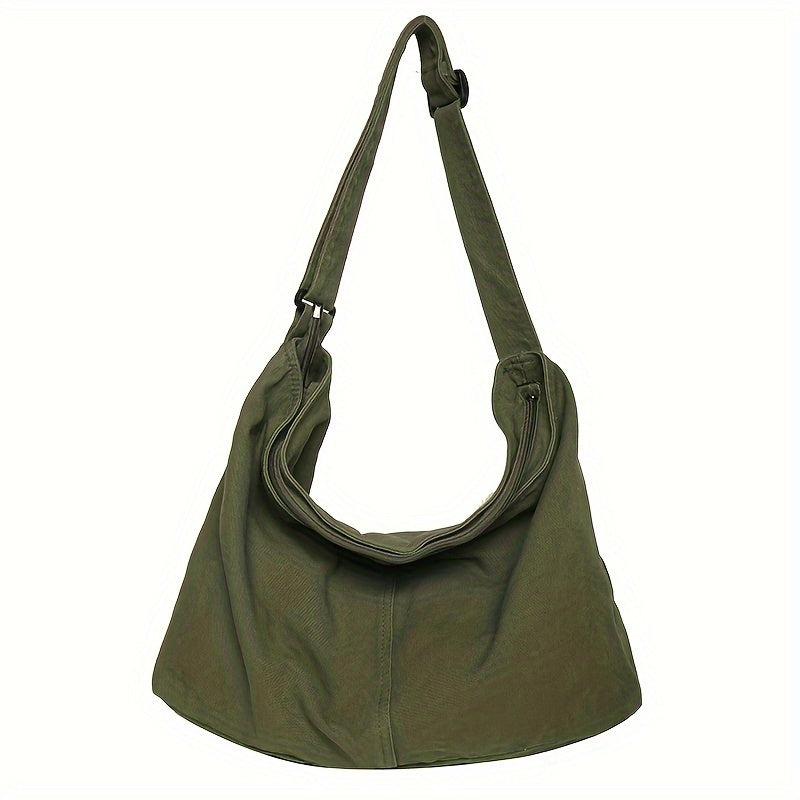 Borsa a tracolla verde oliva in tessuto, design casual e spazioso, ideale per uso quotidiano. Accessorio moda donna, stile versatile e pratico.
