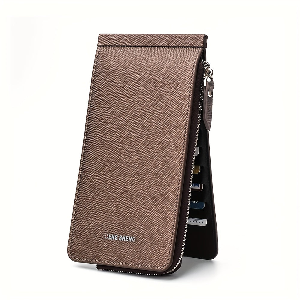Portafoglio da uomo in pelle marrone, design verticale, con zip e scomparti per carte di credito. Elegante e funzionale, ideale per ogni occasione.