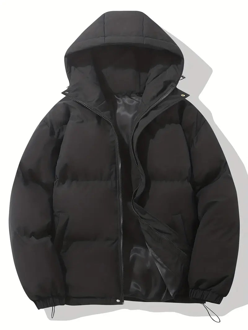 Giacca invernale nera imbottita con cappuccio, design moderno, chiusura a zip, ideale per uomo, moda casual, abbigliamento caldo e confortevole.