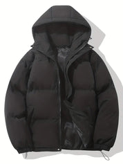 Giacca invernale nera imbottita con cappuccio, design moderno, chiusura a zip, ideale per uomo, moda casual, abbigliamento caldo e confortevole.