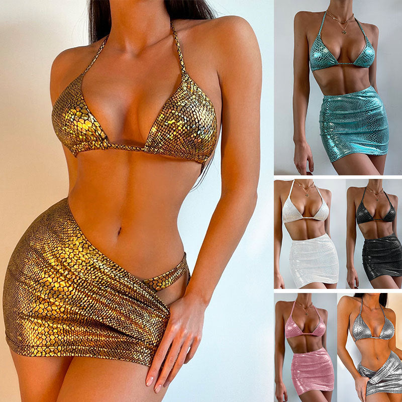 Bikini e minigonna a stampa serpente in vari colori, moda donna estiva, abbigliamento mare sexy, set due pezzi, abbigliamento da spiaggia.
