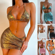 Bikini e minigonna a stampa serpente in vari colori, moda donna estiva, abbigliamento mare sexy, set due pezzi, abbigliamento da spiaggia.