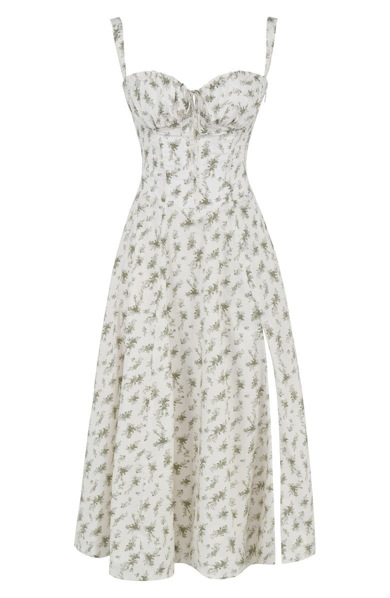 Abito estivo bianco a fiori verdi, senza maniche, con spacco laterale. Vestito midi elegante, perfetto per occasioni casual e formali.
