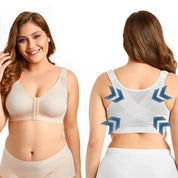 Reggiseno contenitivo beige per taglie forti, design senza ferretto, chiusura frontale, supporto schiena, comfort quotidiano, intimo donna.