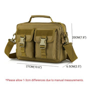 Borsa a tracolla tattica militare in nylon marrone, con tasche multiple e fibbie, dimensioni 27x20x6.5 cm. Ideale per outdoor e attività sportive.