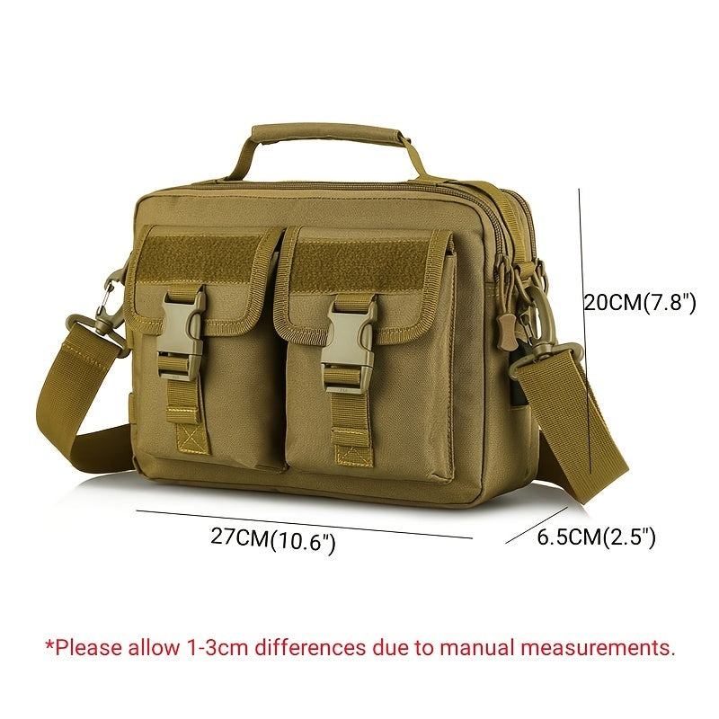 Borsa a tracolla tattica militare in nylon marrone, con tasche multiple e fibbie, dimensioni 27x20x6.5 cm. Ideale per outdoor e attività sportive.
