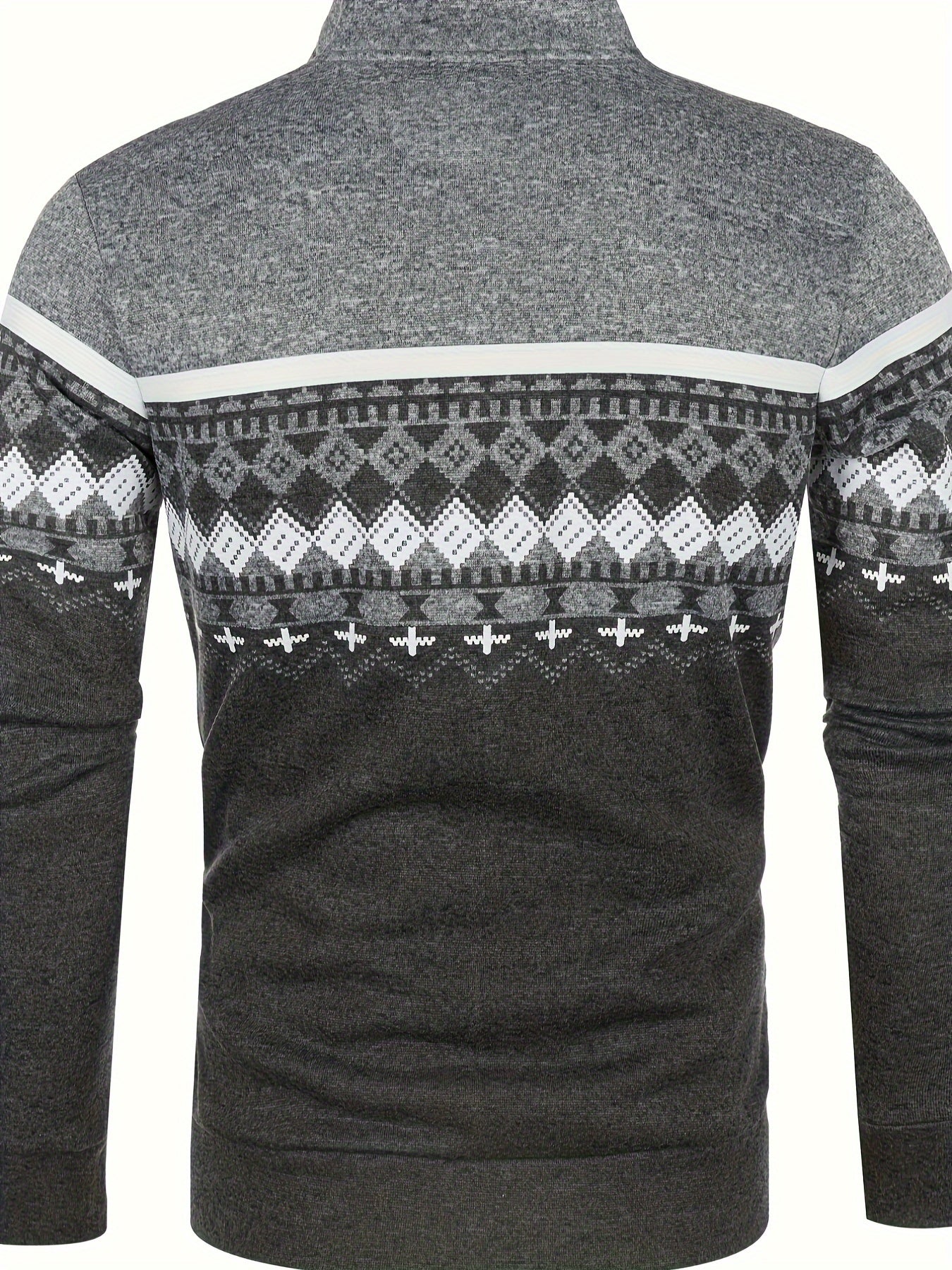Maglione uomo grigio scuro con motivo geometrico bianco e grigio, maniche lunghe, collo alto, ideale per l'inverno.