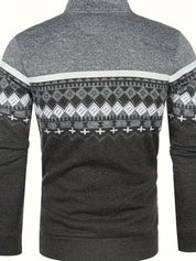 Maglione uomo grigio scuro con motivo geometrico bianco e grigio, maniche lunghe, collo alto, ideale per l'inverno.