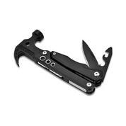 Utensile multifunzione nero con martello, coltello e apribottiglie, ideale per campeggio e fai-da-te. Strumento compatto e versatile.