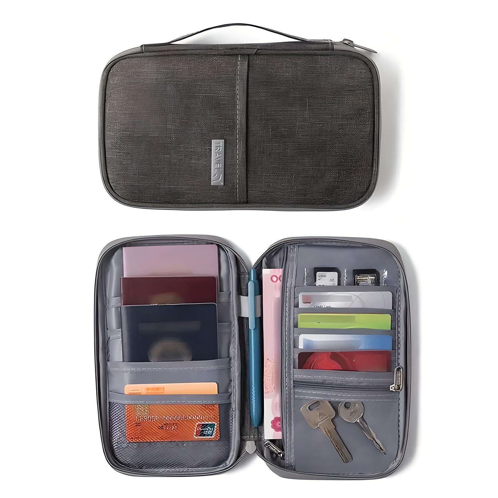 Custodia organizer da viaggio in tessuto grigio, con scomparti per passaporti, carte di credito, penne, chiavi e schede SD. Ideale per viaggi sicuri.