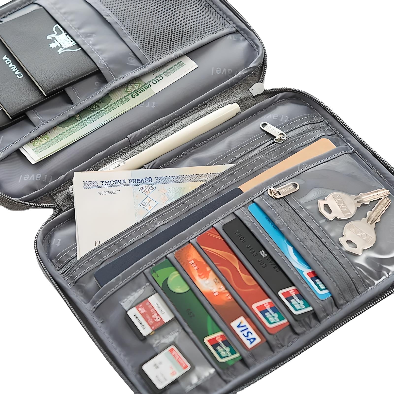 Custodia organizer grigia per documenti e carte di credito, con scomparti per passaporto, penna, chiavi e schede SD. Ideale per viaggi e ufficio.