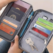 Portafoglio da viaggio grigio aperto con passaporto, carte di credito, penna e chiavi. Organizer compatto per documenti e accessori.