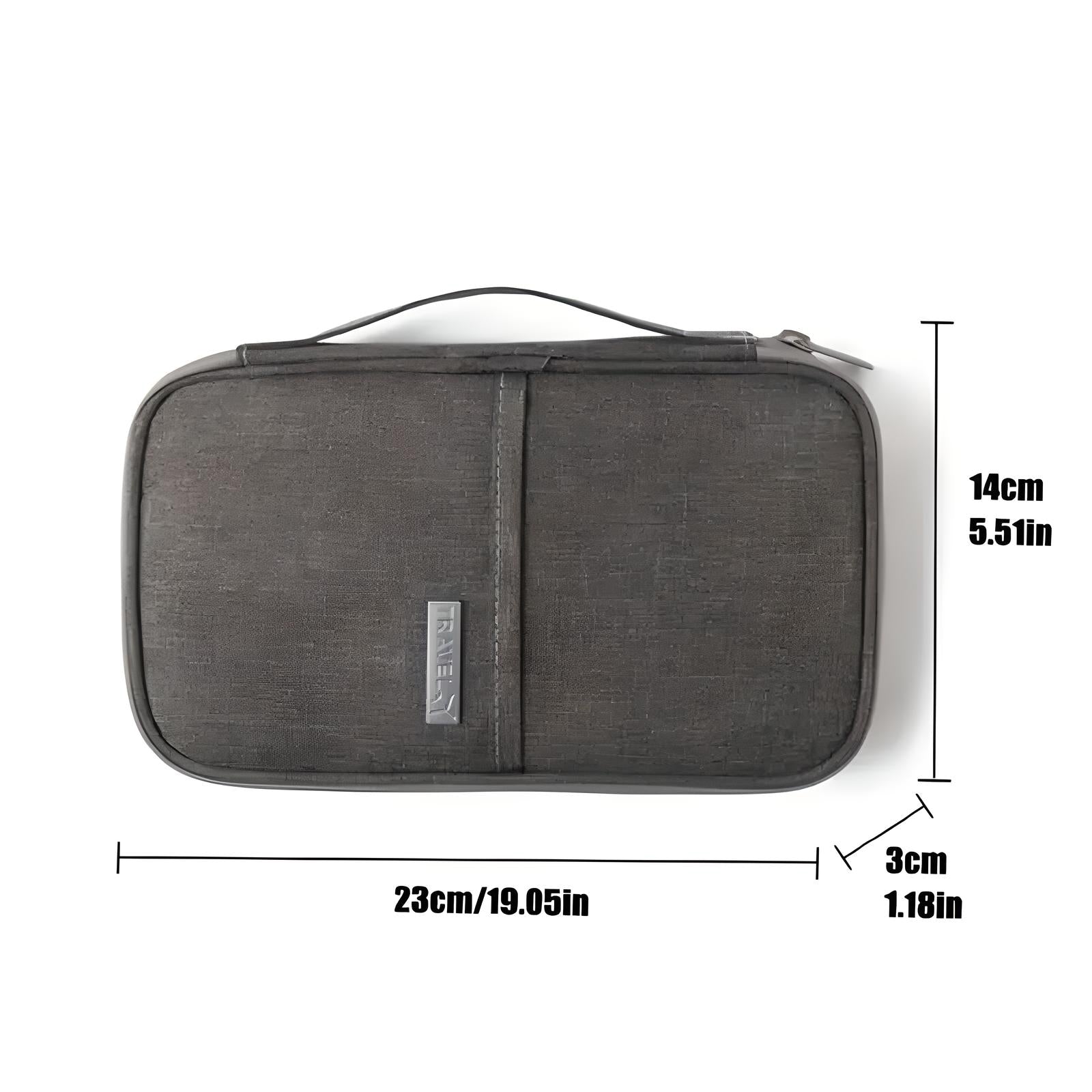 Custodia organizer da viaggio nera, dimensioni 23x14x3 cm, con manico superiore. Ideale per accessori elettronici, resistente e compatta.