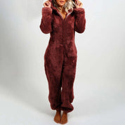 Tuta intera in pile marrone, donna, con cappuccio, comoda e calda, ideale per l'inverno. Abbigliamento casual, moda femminile, comfort domestico.