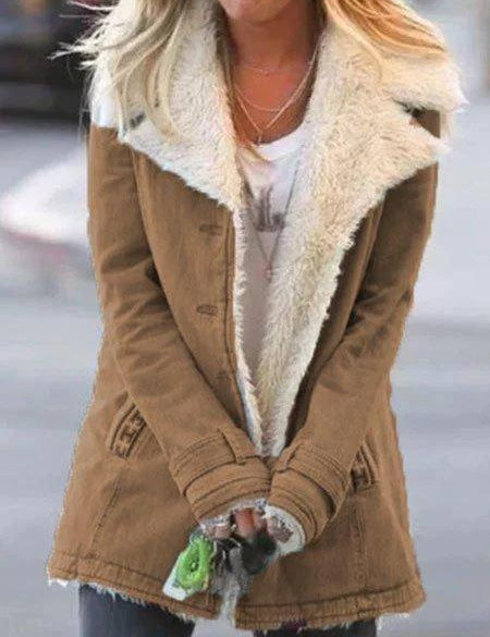 Giacca invernale donna marrone con fodera in pelliccia sintetica bianca, chiusura a bottoni, tasche frontali. Stile casual, moda autunno-inverno.
