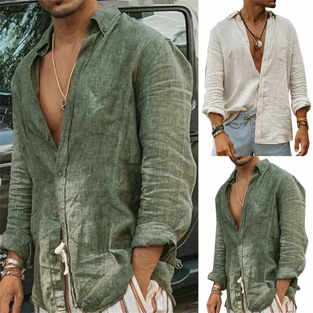Camicia uomo in lino verde e bianco, maniche lunghe, stile casual, perfetta per l'estate. Moda maschile, abbigliamento leggero e traspirante.
