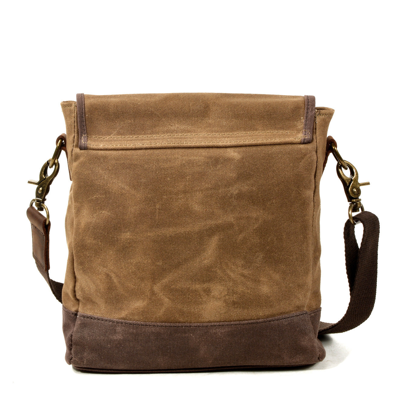 Borsa a tracolla in tela marrone con dettagli in pelle, chiusura a zip, tasche multiple, ideale per uomo e donna. Accessorio moda casual.