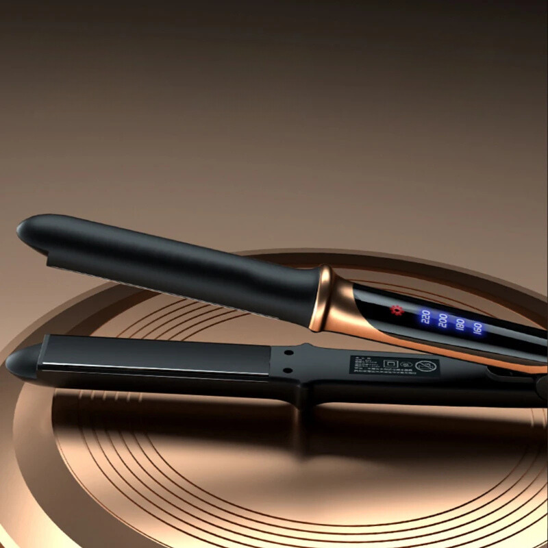 Piastra per capelli professionale nera e oro, display LED, impostazioni di temperatura regolabili, design elegante, styling capelli.