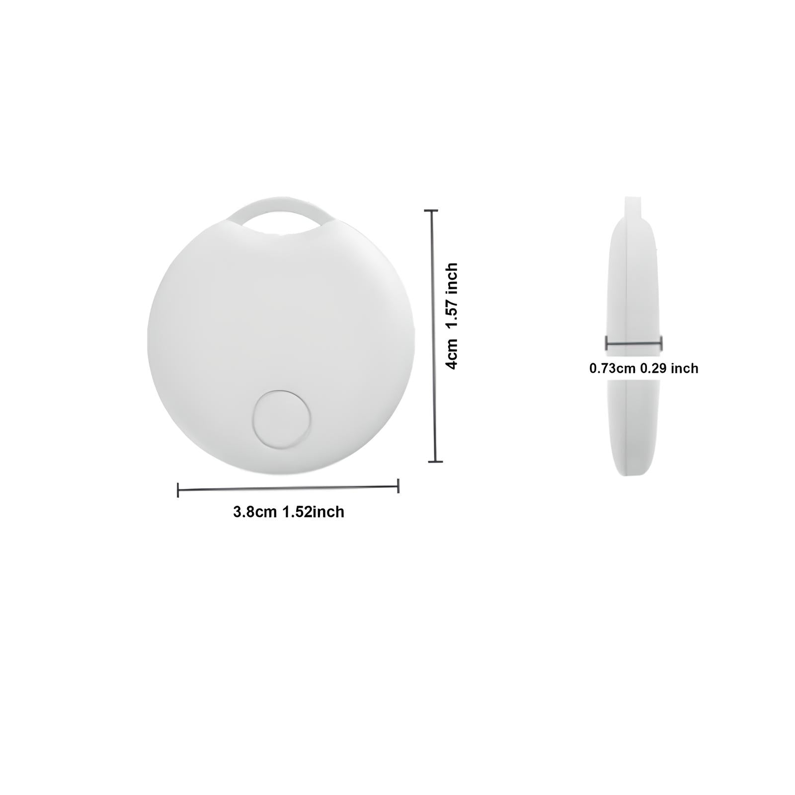 Dispositivo di localizzazione Bluetooth bianco, rotondo, dimensioni 4x3.8x0.73 cm. Ideale per tracciare oggetti personali. Tecnologia compatta e portatile.