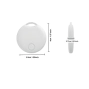 Dispositivo di localizzazione Bluetooth bianco, rotondo, dimensioni 4x3.8x0.73 cm. Ideale per tracciare oggetti personali. Tecnologia compatta e portatile.