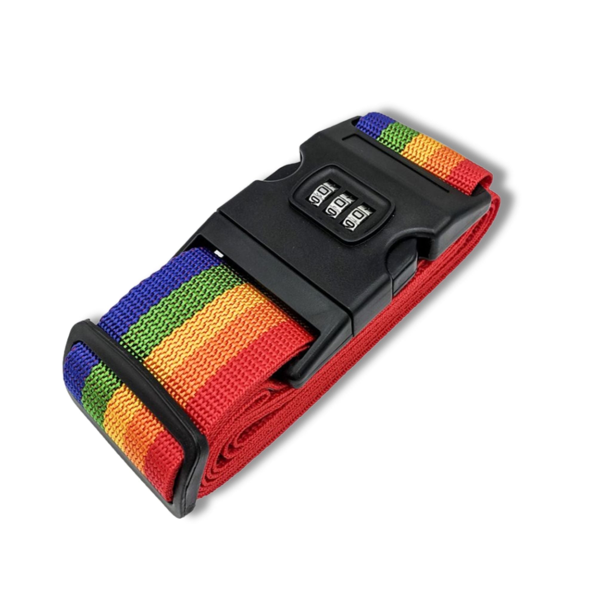 Cintura bagaglio arcobaleno con chiusura a combinazione, resistente e regolabile, ideale per valigie da viaggio. Accessorio sicurezza valigia.