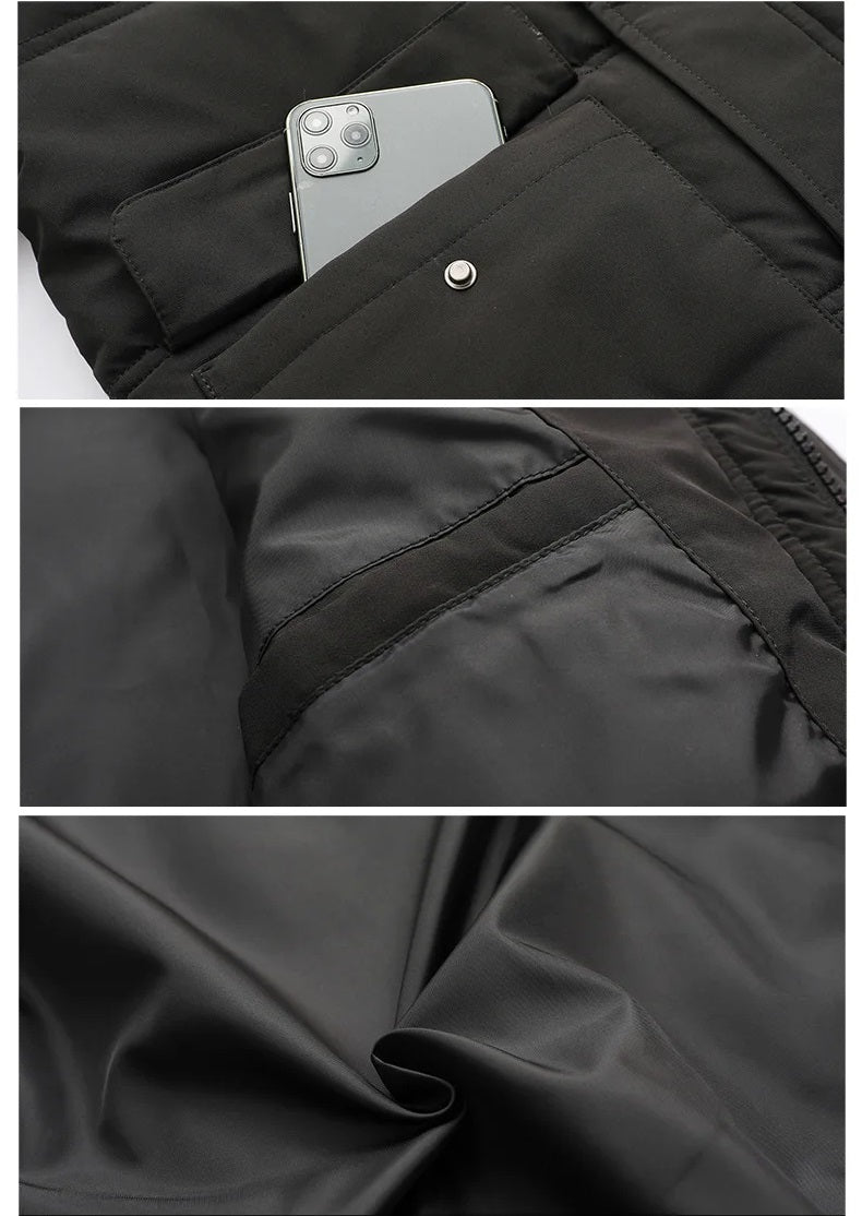 Giacca nera impermeabile con tasche multiple, dettagli in tessuto resistente e fodera interna. Ideale per smartphone, moda uomo, abbigliamento outdoor.