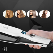Piastra per capelli bianca con display digitale, temperatura regolabile, design ergonomico. Ideale per lisciare e acconciare capelli lunghi e lisci.