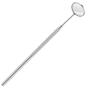 Specchio dentale in acciaio inox, strumento odontoiatrico professionale per ispezione orale, manico antiscivolo, ideale per dentisti e igienisti.