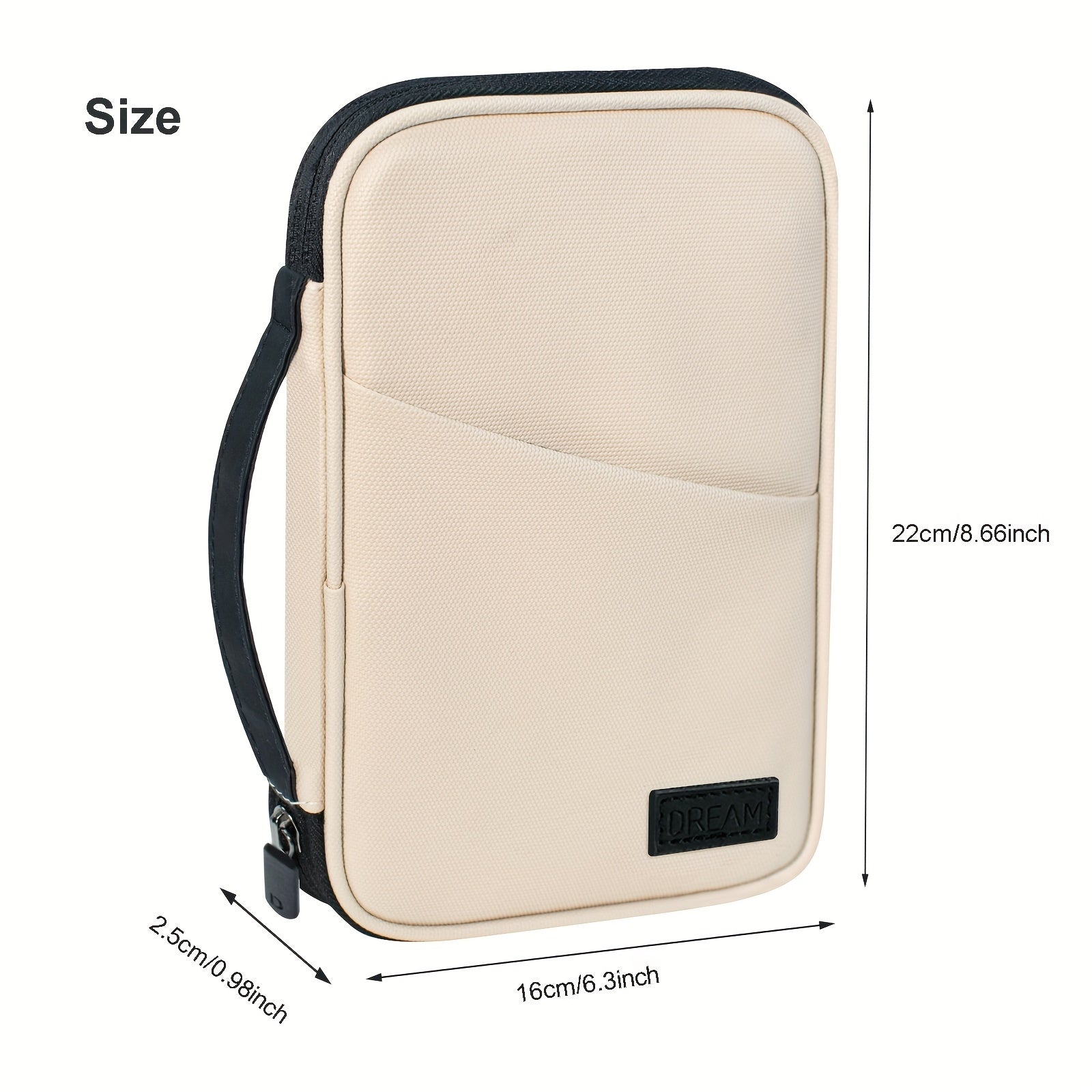 Custodia beige per tablet 8.66 pollici, tasca frontale, cerniera nera, maniglia laterale, dimensioni 22x16x2.5 cm, ideale per protezione e trasporto.