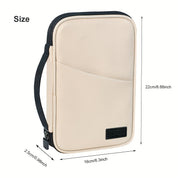 Custodia beige per tablet 8.66 pollici, tasca frontale, cerniera nera, maniglia laterale, dimensioni 22x16x2.5 cm, ideale per protezione e trasporto.