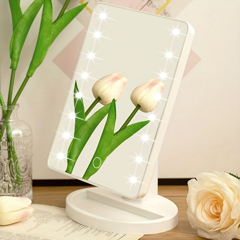 Specchio cosmetico LED con fiori di tulipano, design elegante, base bianca, ideale per trucco e decorazione, illuminazione regolabile, moderno.