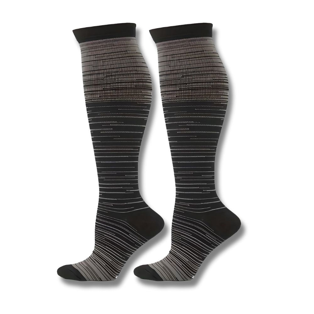 Calze a compressione nere e grigie, design a righe, lunghezza al ginocchio, ideali per sport e viaggi, migliorano la circolazione, unisex.