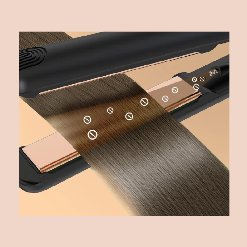 Piastra per capelli nera con rivestimento in ceramica, tecnologia ionica, liscia capelli castani. Strumento styling professionale.