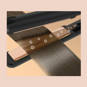 Piastra per capelli nera con rivestimento in ceramica, tecnologia ionica, liscia capelli castani. Strumento styling professionale.