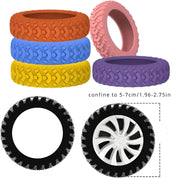 Set di coperture in silicone colorate per ruote di robot aspirapolvere, compatibili con diametro 5-7 cm, migliorano aderenza e protezione.
