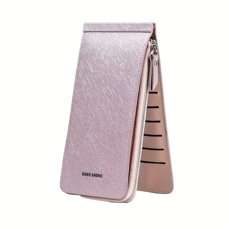 Portafoglio donna rosa in pelle sintetica, design verticale, con zip e scomparti multipli. Elegante e pratico accessorio moda.