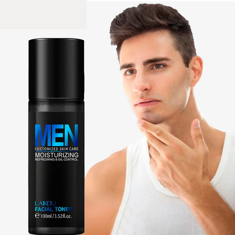 Bottiglia di tonico viso idratante per uomo Laikou 100ml, con uomo che tocca il viso. Cura della pelle maschile, controllo dell'olio, rinfrescante.