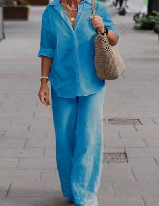 Livia - Elegantissimo Completo in Cotone: Camicia e Pantaloni Abbinati!