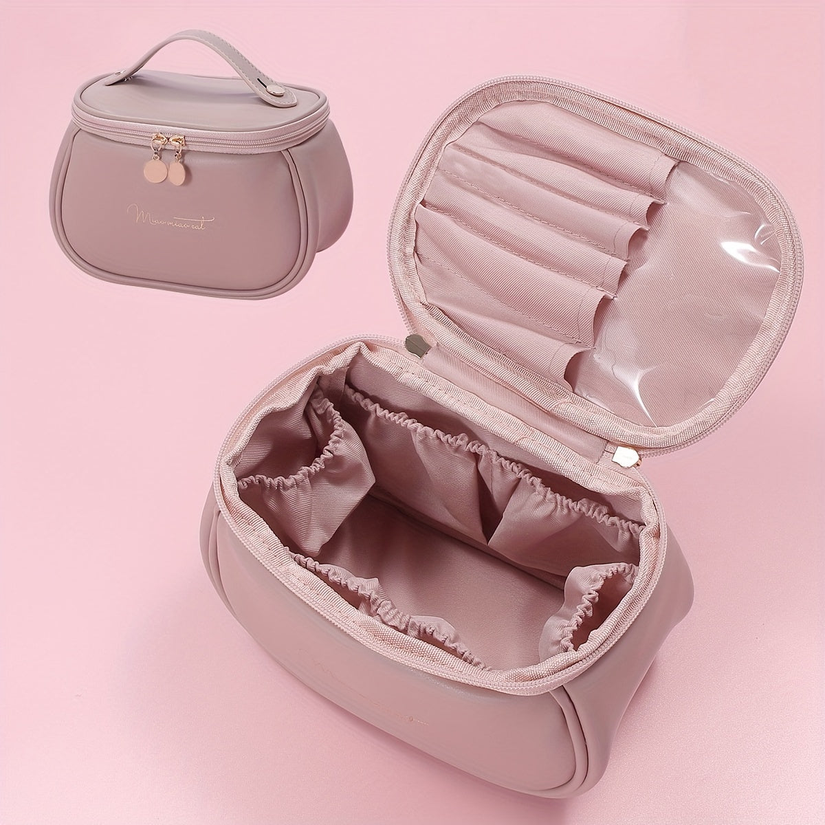Borsa cosmetica rosa con scomparti multipli, design elegante, chiusura a zip, ideale per organizzare trucchi e accessori da viaggio.