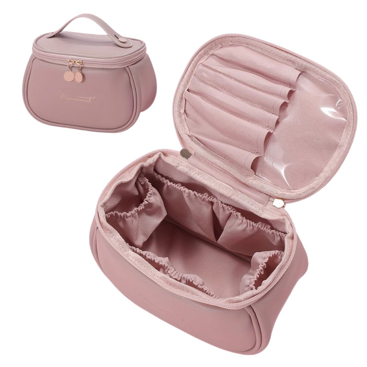 Borsa cosmetica rosa in pelle sintetica con scomparti interni, cerniera e manico. Ideale per trucco e accessori da viaggio.