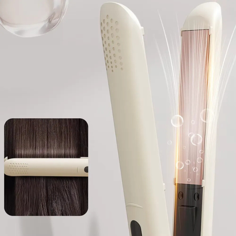 Piastra per capelli bianca, design elegante, con tecnologia a ioni per capelli lisci e lucenti. Ideale per styling professionale a casa.