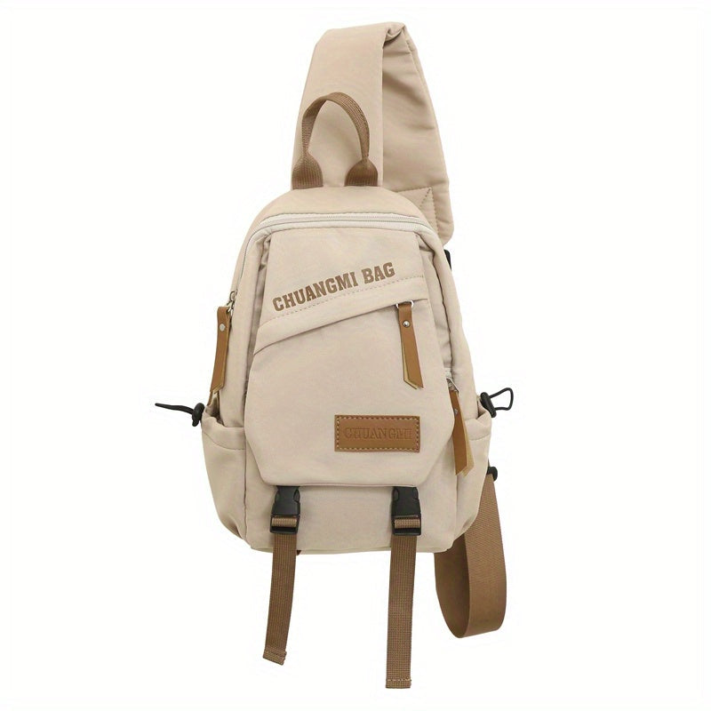 Zaino a tracolla beige Chuangmi, design compatto, tasche multiple, cerniere robuste, ideale per viaggi e uso quotidiano.
