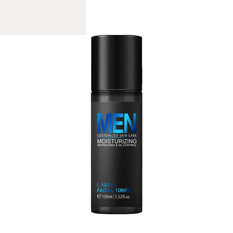 Flacone di tonico viso idratante per uomo, 100ml, marchio Laikou, design nero elegante, cura della pelle personalizzata, controllo dell'olio.