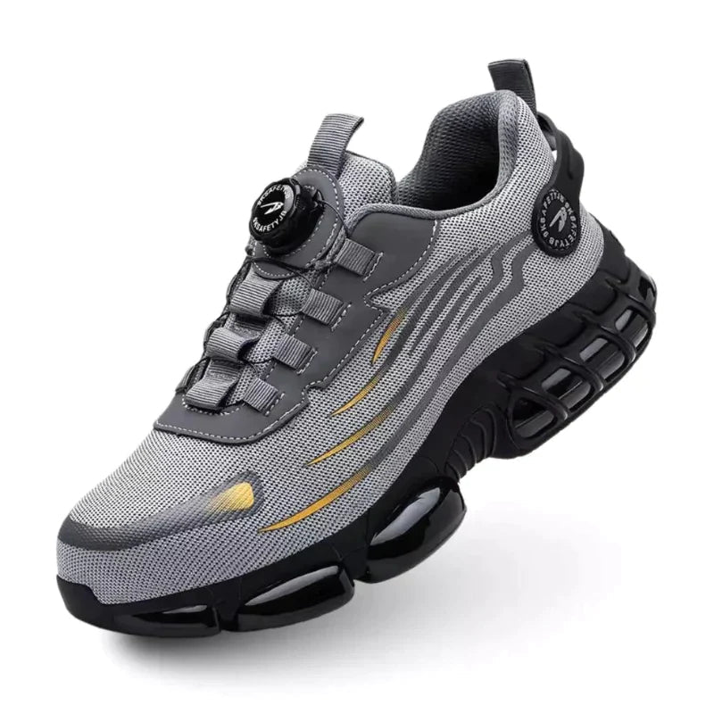 Scarpa sportiva da uomo grigia con suola ammortizzata, design moderno e dettagli neri. Ideale per corsa e allenamento. Comfort e stile.