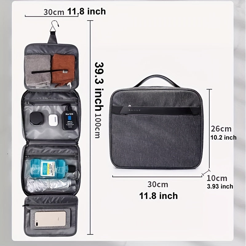 Borsa da viaggio grigia con scomparti multipli, dimensioni 30x26x10 cm, aperta a 100 cm. Include tasche per accessori, articoli da toeletta e dispositivi.