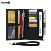 Portafoglio nero in pelle con protezione RFID, scomparti per carte di credito, banconote e monete, chiusura con zip, cinturino da polso.
